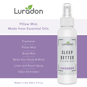Lavender Pillow Mist and Linen Spray - 4 fl oz. Long Lasting Air Freshening for Bedroom - Essential Oils with Calming Scent for Aromatherapy to Assist with Sleep, Stress Relief - by Luradon