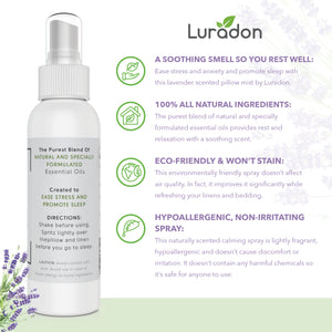 Lavender Pillow Mist and Linen Spray - 4 fl oz. Long Lasting Air Freshening for Bedroom - Essential Oils with Calming Scent for Aromatherapy to Assist with Sleep, Stress Relief - by Luradon